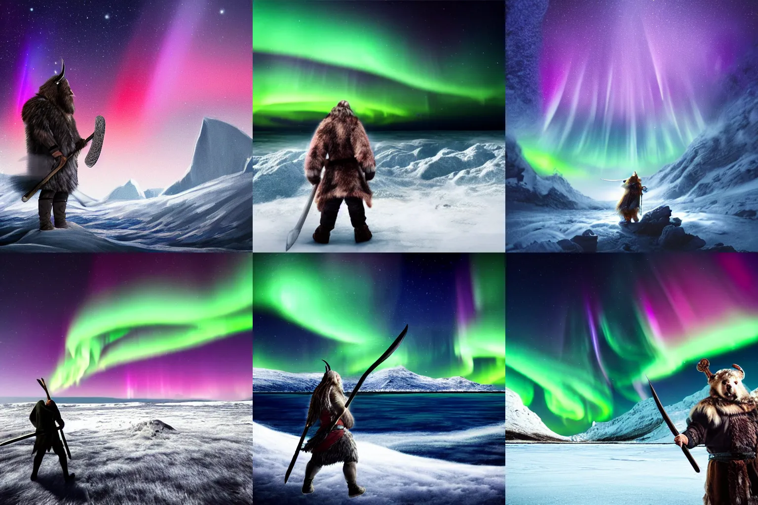 Prompt: Blistering northern lights under a dark but star-spangled sky, galaxy center remotely visible, roaring ocean in front, towering snowcovered mountains in background, with a bearskin clad viking with an axe, coming ashore, vibrant colors, trending on artstation, smooth, detailed, realistic, masterpiece, epic, cinematic lighting, great composition