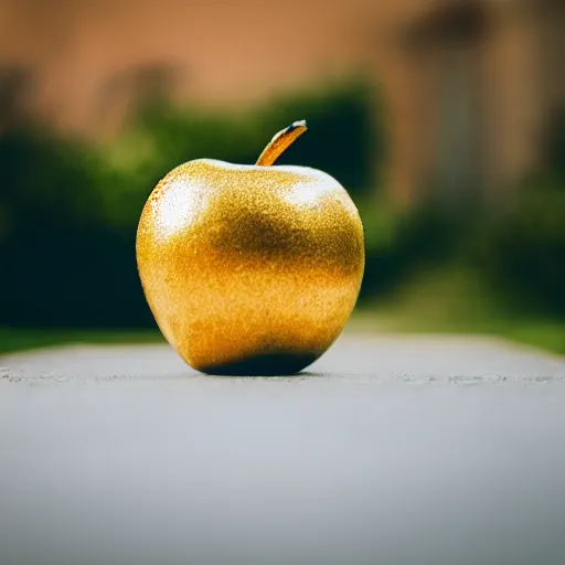 Image similar to high quality presentation photo of a golden apple, photography 4k, f1.8 anamorphic, bokeh, 4k, Canon, Nikon