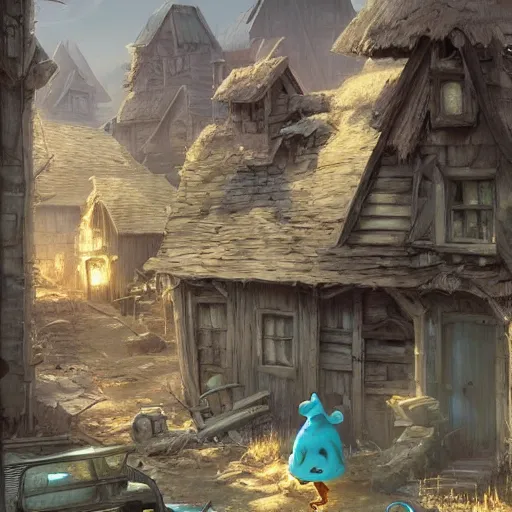Prompt: smurf village as a ghost town, greg rutkowski, detailed,