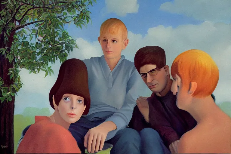 Prompt: beautiful painting of friends, beautiful faces, sitting on the edge, cute, soft light, digital painting by diane arbus and ralph mcquarrie and harry bertoia