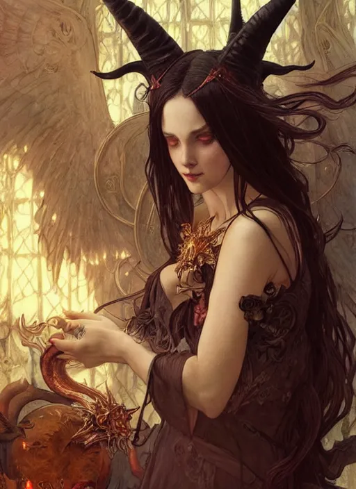 Image similar to a beautiful illustration of a satanic witch with horns in head, intricate, sharp focus, illustration, highly detailed, digital painting, concept art, matte, art by wlop and artgerm and greg rutkowski and alphonse mucha, masterpiece