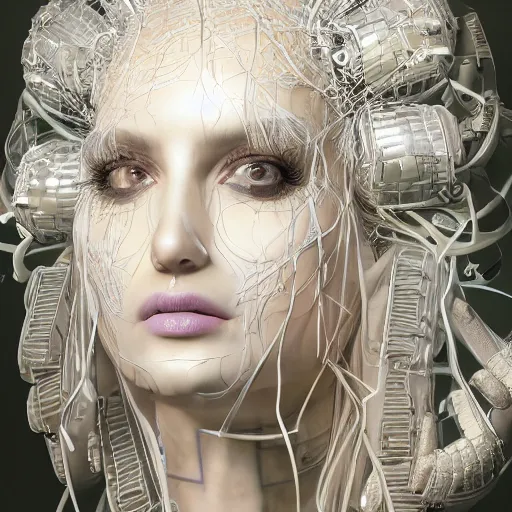 Image similar to closeup portrait of an absurdly beautiful, graceful, sophisticated, fashionable cyberpunk mechanoid gravure idol, ultrafine hyperdetailed illustration by irakli nadar, matt wisniewski style, marvel comics, intricate linework, porcelain skin, neon jellyfish headdress, ivory carved ruff, unreal engine 5 highly rendered, global illumination, radiant light, detailed and intricate environment