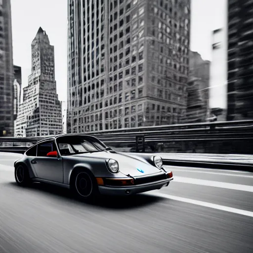 Image similar to photo of a porsche 9 1 1 9 6 4 drifting through nyc, cinematic, motion blur, shallow dof, 3 5 mm, heli shot, macro