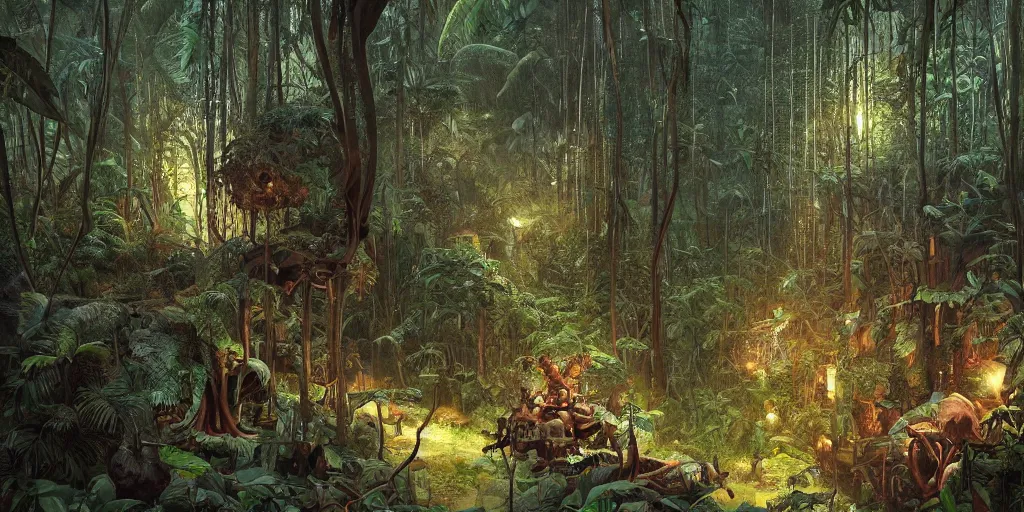 Prompt: dimly lit path through the jungle, large pile of skulls nearby, lush, dense jungle, award winning, by Oliver beck and Marc simonetti