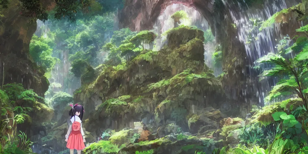 Prompt: anime girl looking into large cave entrance in a lush forest with waterfalls, beautiful ambiance, studio ghibli style, by hayao miyazaki, sharp focus, highly detailed, 4k