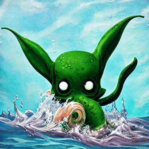 Image similar to cute baby cthulu splashing in the ocean