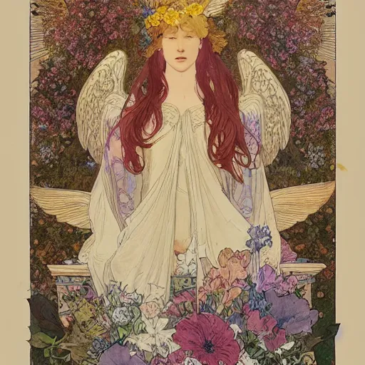 Prompt: a beautiful intricate watercolor illustration of a beautifull angel sitting on a throne of flowers, leaves, 4 k, ultra - wide angle, by william turner, by victo ngai, by alphonse mucha, by moebius, by gustave dore, hd, trending on artstation, hyper detailed, muted intense colors