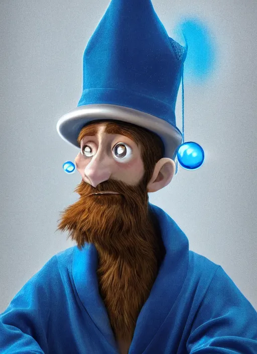 Image similar to an anthropomorphic beautiful male wizard portrait blowing bubbles wearing blue robe, fine art, award winning, intricate, elegant, sharp focus, octane render, hyperrealistic, wizard hat cinematic lighting, highly detailed, digital painting, 8 k concept art, art by jamie hewlett and z. w. gu, masterpiece, trending on artstation, 8 k