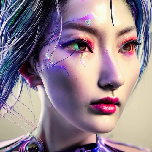 Image similar to the portrait of an absurdly beautiful, graceful, elegant, sophisticated, fashionable cyberpunk gravure idol, an ultrafine hyperdetailed illustration by kim jung gi, irakli nadar, hanna moon, leslie zhang intricate linework, bright colors, collage, porcelain skin, unreal engine 5 highly rendered, cgsociety, global illumination, radiant light, detailed and intricate environment