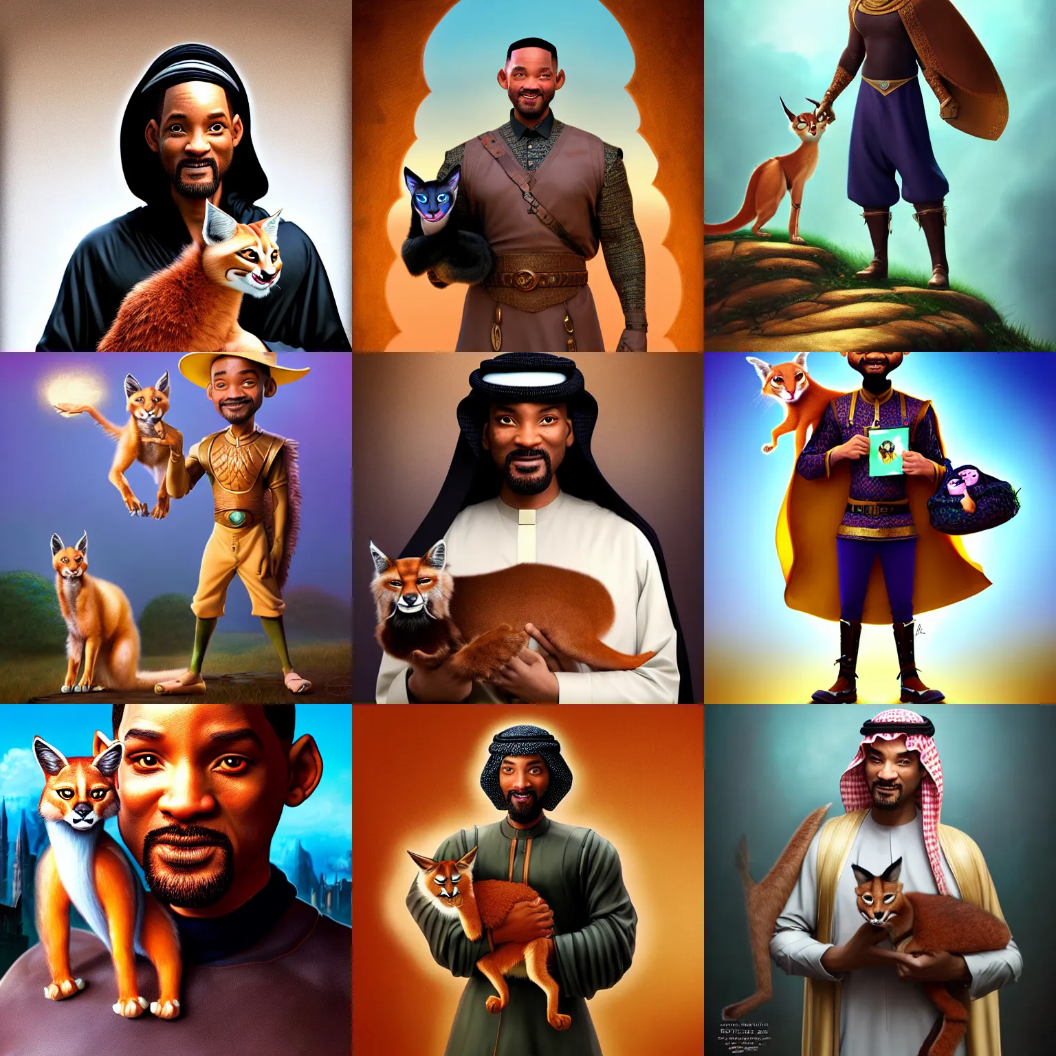 Prompt: an epic fantasy comic book style full body portrait painting of Will Smith dressed as saudi man holding cute caracal , elegant, character design by Mark Ryden and Pixar and Hayao Miyazaki, unreal 5, DAZ, hyperrealistic, octane render, cosplay, RPG portrait, dynamic lighting, intricate detail, summer vibrancy, cinematic
