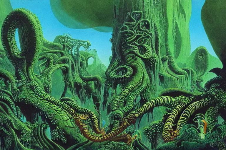 Prompt: lovecraftian jungles, another world by Roger Dean