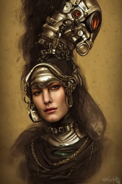 Image similar to portrait, headshot, digital painting, of a 17th century, beautiful, middle aged, middle eastern, wrinkles, decadent, cyborg noble woman, dark hair, gasmask, amber jewels, baroque, ornate dark green opulent clothing, scifi, futuristic, realistic, hyperdetailed, concept art, chiaroscuro, Waterhouse style