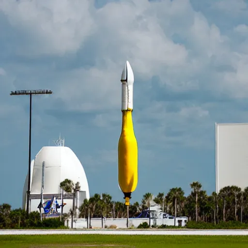 Prompt: a banana rocket on launch padat nasa's kennedy space center ( ksc ) in florida