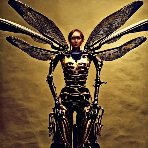 Prompt: still frame from Prometheus movie by Makoto Aida by malczewski, biomechanical dragonfly angel gynoid, metal couture by neri oxmn and Guo pei, editorial by Malczewski and by Caravaggio