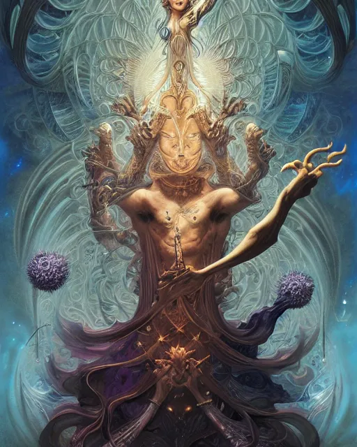 Image similar to the ace of wands tarot card, fantasy composition made of fractals, ultra realistic, wide angle, intricate details, the fifth element artifacts, highly detailed by peter mohrbacher, hajime sorayama, wayne barlowe, boris vallejo, aaron horkey, gaston bussiere, craig mullins