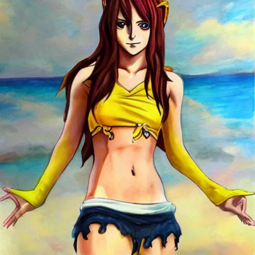 Image similar to beautiful emma watson cosplay as nami from one piece, oil painting, full body.