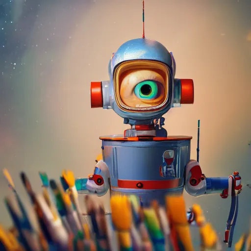 Prompt: portrait of space robot holding multiple big paintbrushes, painting a canvas, cute, pixar, photorealism 4 k, octane render, clean design, beautiful light
