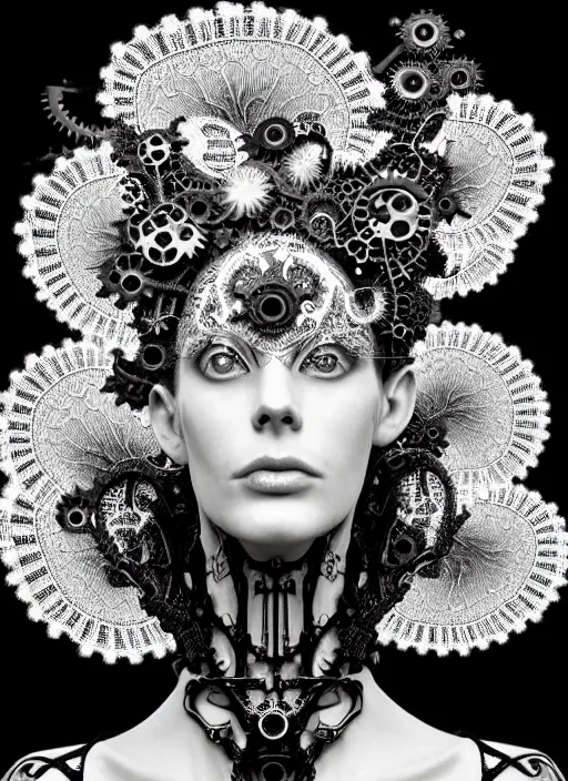 Image similar to surreal black and white photo portrait of complex bio-mechanical beautiful young female vegetal-cyborg with a Mandelbrot fractal steampunk metal fine lace face, a very long neck and a fine metal floral foliage super big lace collar by Alexander McQueen:: high fashion, haute couture, rococo, steampunk, silver filigree details, anatomical, facial muscles, cable wires, microchip, elegant, dreamy, foggy, hyper realistic, 150 mm lens, soft rim light, octane render, unreal engine, picture was taken in 1910 by Dora Maar, volumetric lighting, dramatic light,8k,