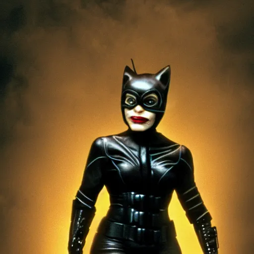 Image similar to joe biden as catwoman from batman returns 1 9 9 2, whip in hand, foggy atmosphere, dramatic lighting, trending on artstation, 8 k