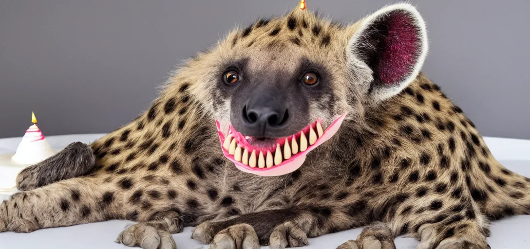 Prompt: a birthday cake, hyena sitting on top