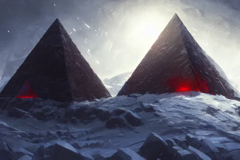 Prompt: concept art painting of a black lovecraftian obsidian pyramid!! on a snowy mountaintop, night, red lightning!!, dynamic lighting, vibrant, realistic, detailed, dark, in the style of makoto shinkai and greg rutkowski and james gurney