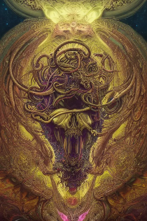 Image similar to gigantic psychedelic demonic cosmic skull, alien tentacles, fantasy painting, mandala, ultra realistic, wide angle, art nouveau, intricate details, ink illustration, rainbowshift, vivid colors, highly detailed by peter mohrbacher, h. r. giger, maxfield parrish, gustave dore, craig mullins, octane render, cgi