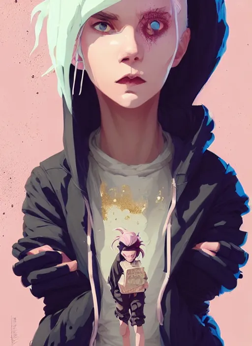 Prompt: highly detailed portrait of a sewer punk lady student, blue eyes, hoodie, tall spiral white hair by atey ghailan, by greg rutkowski, by greg tocchini, by james gilleard, by joe fenton, by kaethe butcher, gradient gold, black, brown and pink color scheme, grunge aesthetic!!! ( ( graffiti tag wall background ) )