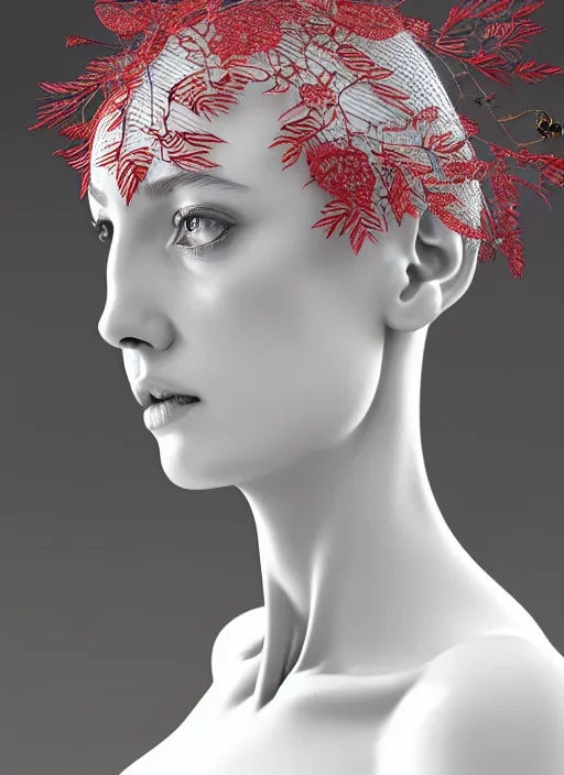 Image similar to complex 3d render ultra detailed of a beautiful porcelain profile woman face, beautiful eyes, mechanical vegetal cyborg, 150 mm, beautiful studio soft light, spot light, rim light, Alexander Mcqueen haute couture, luxurious, silver gold red filigran details, fine foliage lace, magnolia big filigran leaves and stems, roots, mesh wire, intricate details, hyperrealistic, mandelbrot fractal, anatomical, silver metal armor, facial muscles, cable wires, microchip, elegant, white background, beautiful white teeth, octane render, H.R. Giger style, 8k