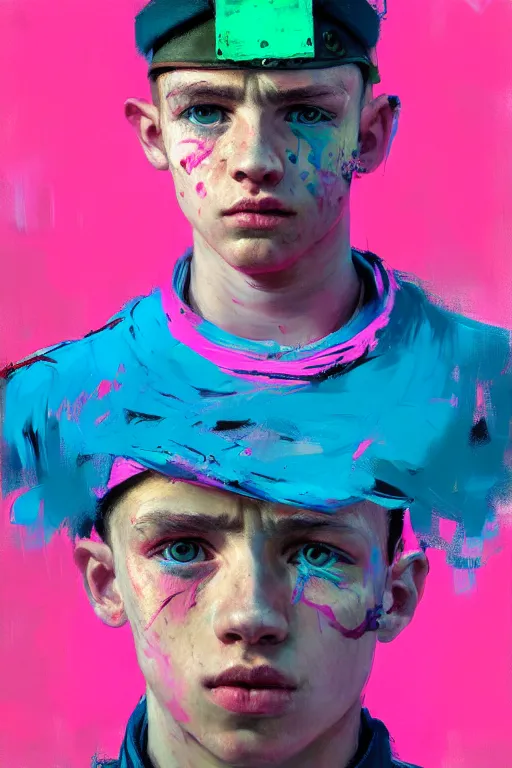 Image similar to portrait of a young soldier boy nor living in a death postapoliptic world, painted in acrylic, in the colors hot pink and cyan, beautiful face, rule of thirds, complex outfit, spotlight, by greg rutkowski, by jeremy mann, by francoise nielly, by van gogh, digital painting