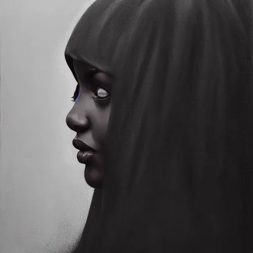 Image similar to a portrait of a young black woman wearing a long dark cloak, hood and shadows covering face, anatomically correct, beautiful perfect face, enigmatic, oil painting, matte painting, black background, Volumetric dynamic lighting, Highly Detailed, Cinematic Lighting, Unreal Engine, 8k, HD, by Beksinski