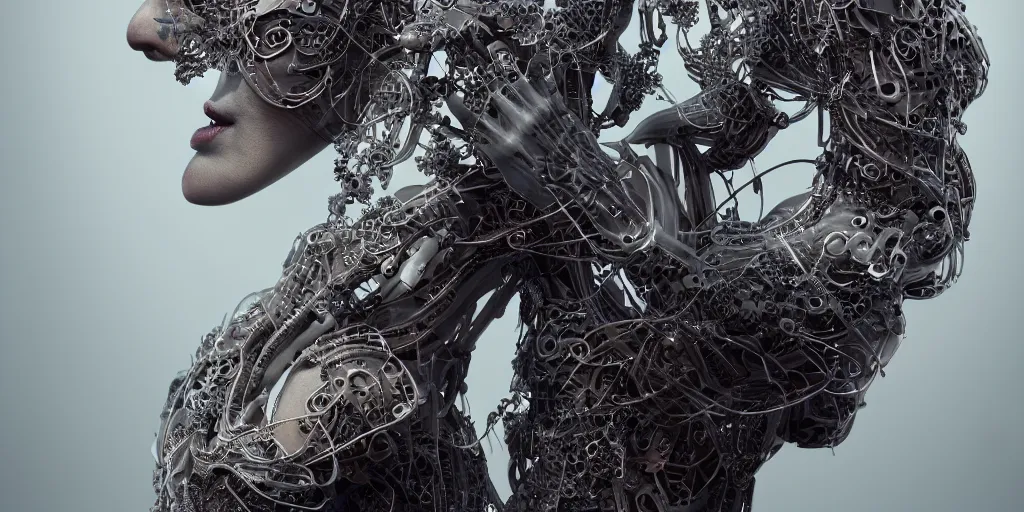 Image similar to hyper realistic photography of a stunningly beautiful cyborg female, circuitry, elbow, chest, intimate, holding close, hands, in the style of beth cavener, jin kagetsu,, and wlop, highly detailed, intricate filigree, masterpiece, award winning, sharp focus, concept art, ringflash lighting, ambient lighting, octane render, 8 k, artstation