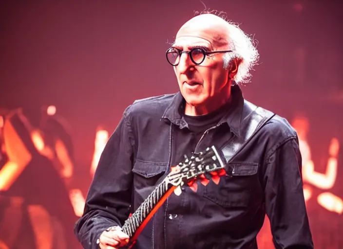 Image similar to publicity photo still of larry david touring with slipknot live on stage, 8 k, live concert lighting, mid shot