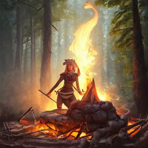 Prompt: An female elf ranger cooking a giant rat over a campfire, D&D, fantasy, intricate, highly detailed, oil painting, artstation, Greg Rutkowski, Artgerm, Alphonse Mucha, WLOP