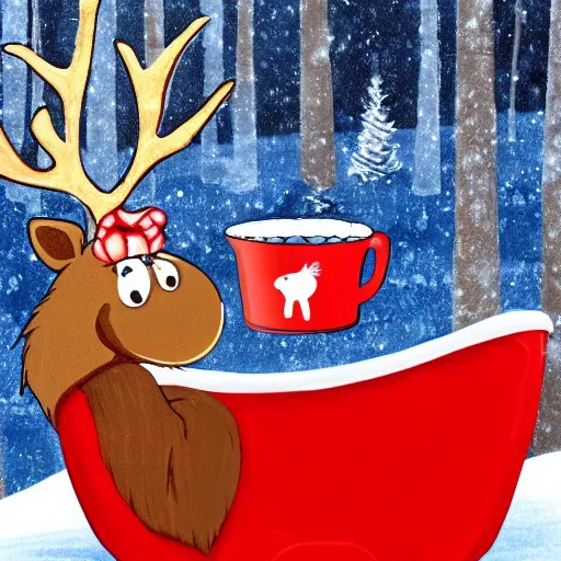 Image similar to A large moose drinking a bathtub full of hot chocolate infront if Santa