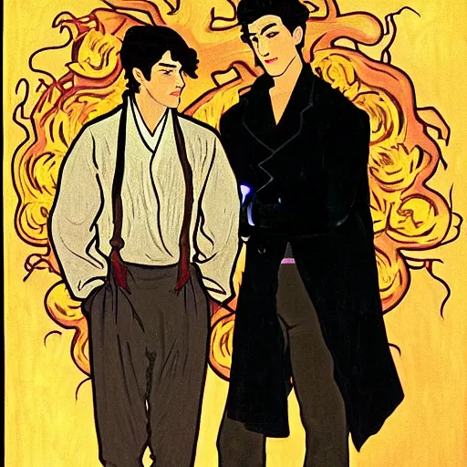 Image similar to painting of young cute handsome beautiful dark medium wavy hair man in his 2 0 s named shadow taehyung and cute handsome beautiful min - jun together at the halloween! party, ghostly, haunted graveyard, ghosts, autumn! colors, elegant, wearing suits!, clothes!, delicate facial features, art by alphonse mucha, vincent van gogh, egon schiele