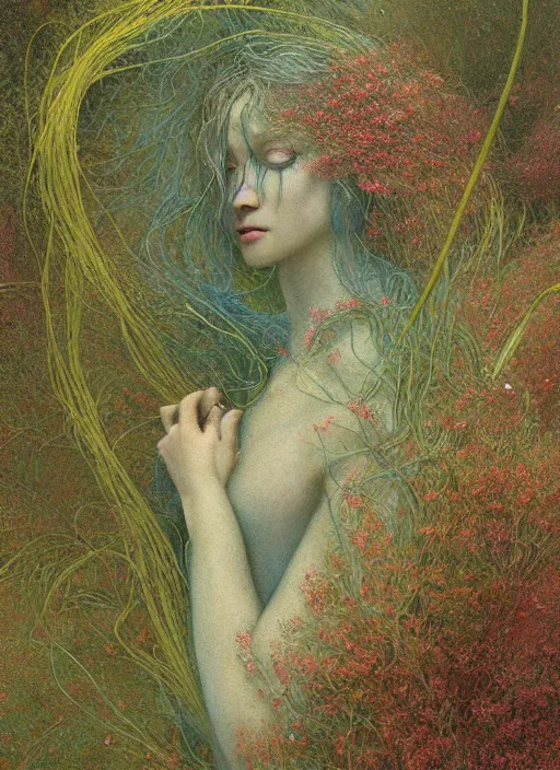 Image similar to a beautiful woman portrait mutating in to flower, covered with thin tendrils and moss, by jean delville, by edmund dulac, by jean giraud, by ellen jewett, landscape photography composition, vivid colors, octane render, redshift render