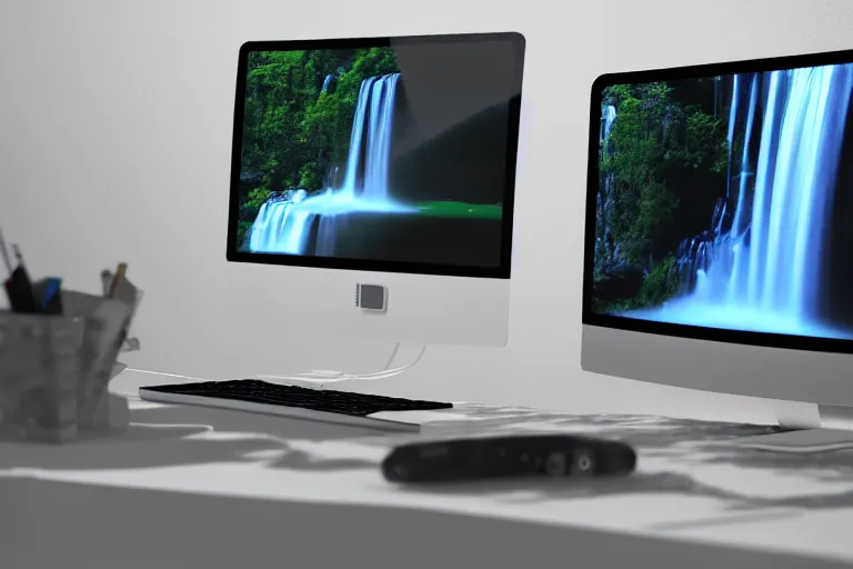 Prompt: a computer at desk, waterfalls, octane render, vray, dynamic lighting,