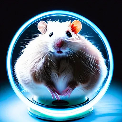 Image similar to uhd robotic hamster running in a hamster wheel. photo by annie leibowitz