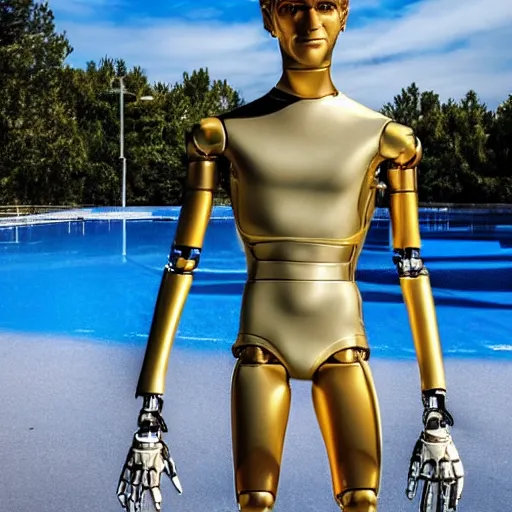 Image similar to a realistic detailed photo of a guy who is an attractive humanoid who is half robot and half humanoid, who is a male android, soccer player martin ødegaard, shiny skin, posing like a statue, blank stare, by the pool, on display, showing off his muscles, humanoid robot, frozen ice statue