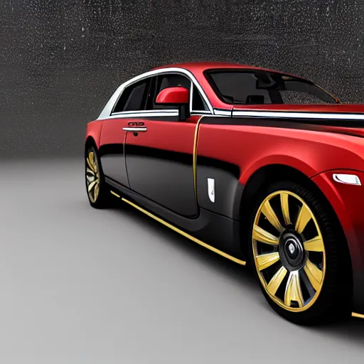 Image similar to 3 d octane render, super detailed, ray tracing, high quality, super realistic, futuristic red black and gold rolls royce. front view. aspect ratio 1 6 : 9