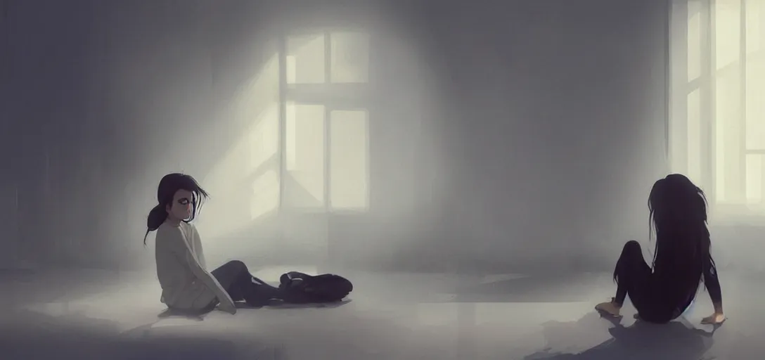 Image similar to Young Himalayan woman sitting concerned in an empty room with a sense of dread and loneliness | night time scene, plain walls |somber white eyes, long ashy hair | gentle lighting, futuristic, dim lighting, digital art by Makoto Shinkai ilya kuvshinov and Wojtek Fus, digital art, concept art,