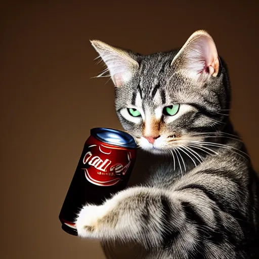 Image similar to “photograph of cat sitting like a human, holding a can of beer, hd, 8k”