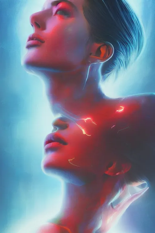 Image similar to 3 d, sci - fi, morning, sleepy fashion model face, sun, neon, cinematic, lightning clouds, vogue cover style, poster art, light red and deep blue mood, realistic painting, intricate oil painting, high detail, figurative art, multiple exposure, poster art, 3 d, by tooth wu and wlop and beeple and greg rutkowski