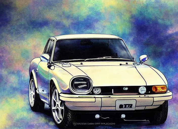 Prompt: beautiful yoshitaka amano art of a datsun fairlady roadster detailed painting