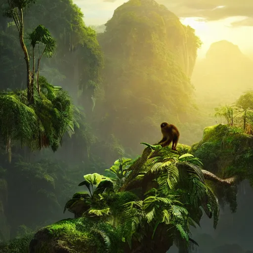 Image similar to monkey in jungle, beautiful dynamic lighting, cinematic, wide angle establishing shot, extremely high detail, photo realistic, cinematic lighting, post processed, concept art, artstation, matte painting, style by frederic church, raphael lacoste, unreal engine 8k