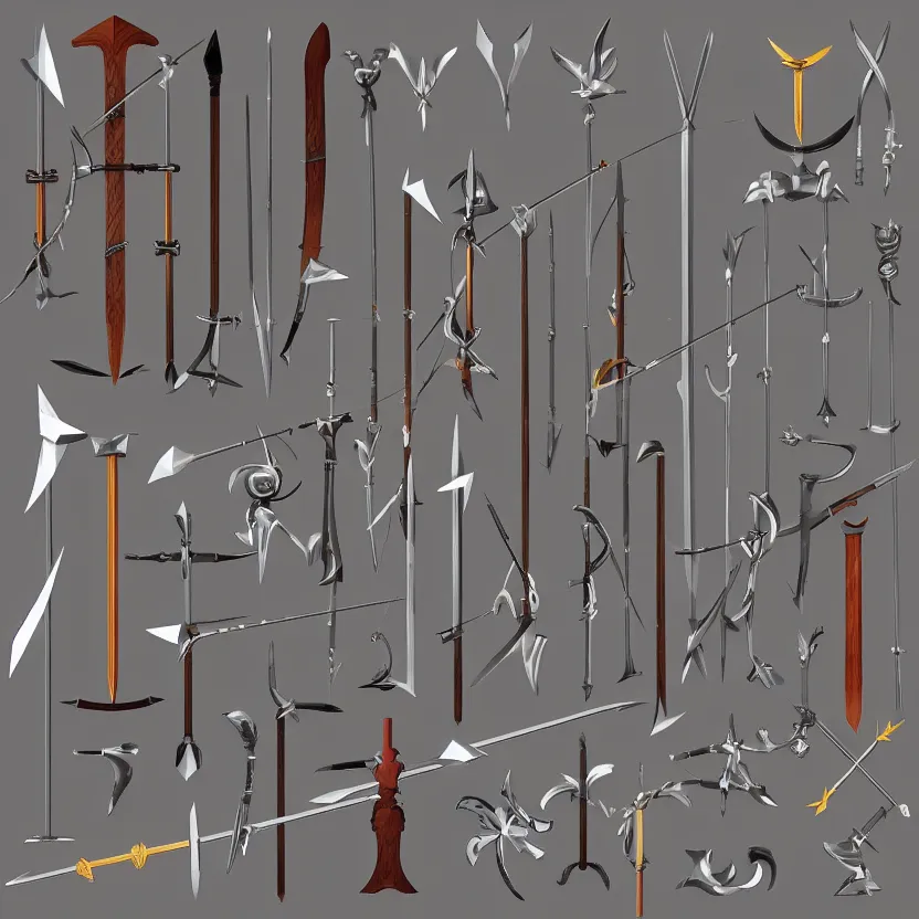 Prompt: arrows, bows, swords, axes, Set of high quality HD sprites, low poly