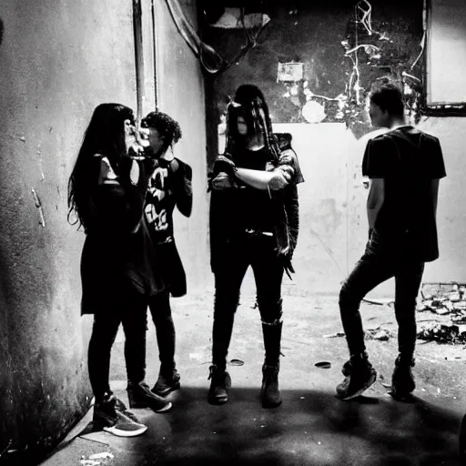 Image similar to 4 goth punks watching a black hole forming in the grimy grungy basement of an abandoned apartment block, grainy black and white photography