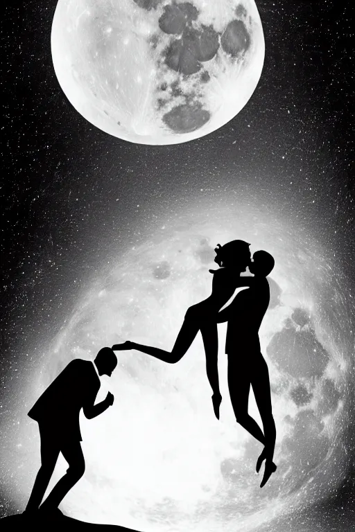 Image similar to the background is a huge moon. in the night environment, a man jumps into the air with a woman in his arms. in the middle of the moon are two figures in black silhouettes.