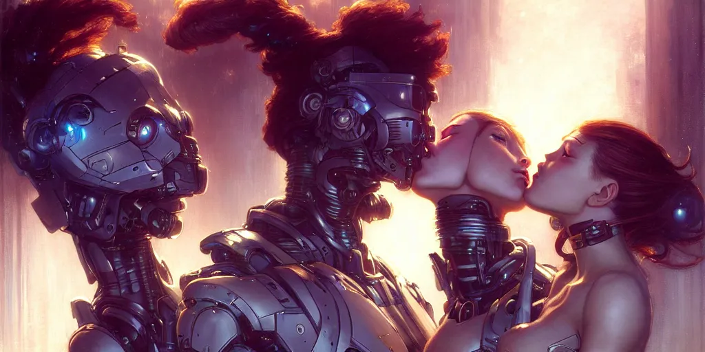 Image similar to male cyborg kissing female android by gaston bussiere, anna nikonova aka newmilky, greg rutkowski, yoji shinkawa, yoshitaka amano, tsutomu nihei, muira, moebius, donato giancola, trending on artstation, featured on pixiv h - 1 0 2 4