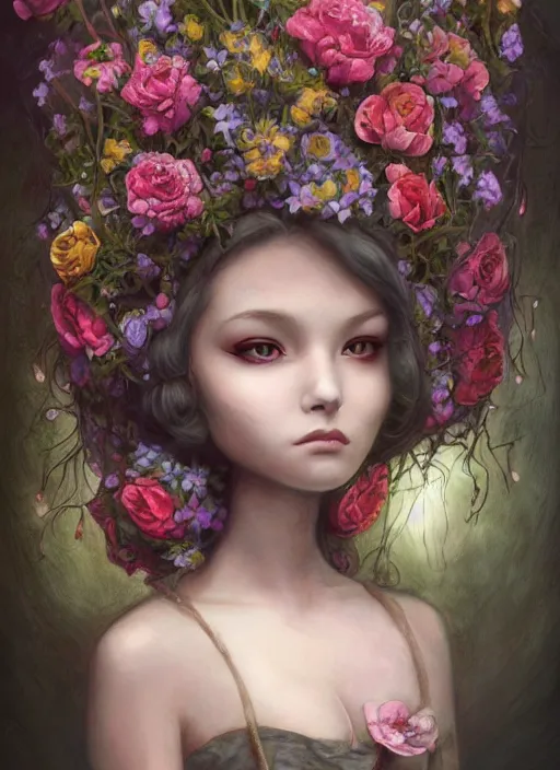 Prompt: profile medieval nicoletta ceccoli, mark ryden, lostfish, hyung tae, frank frazetta, face portrait of cyborg girl surrounded by flowers and cables portrait, hyper realistic, artstation, illustration, digital paint, matte paint, vivid colors, bright, cheerful, detailed and intricate environment